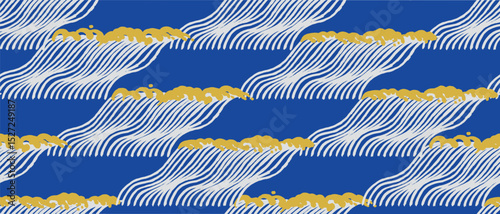 Seamless abstract ocean waves with gold ripples pattern in blue, hand drawn brush lines Japanese block print minimal style background for textile, carpet, banner