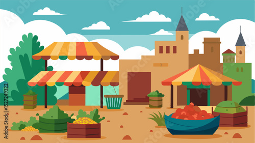 A village marketplace with only a few shriveled vegetables and scarce amounts of grains a stark contrast to the bustling hub of commerce it used to be.. Vector illustration