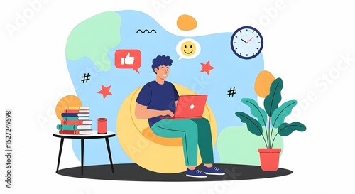 Happy Man Working on Laptop in Colorful Home Office Illustration