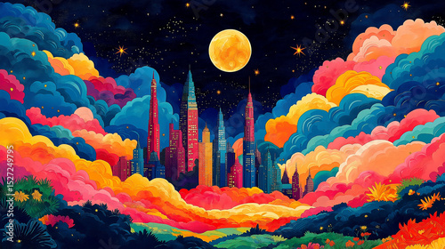 Tall buildings and city at night with stars and clouds in a colorful wavy sky, watercolor painting