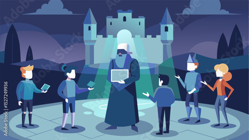 In the center of the abandoned castle a holographic tour guide shared the history of the monument with a curious group of travelers their devices connecting them to a world long. Vector illustration