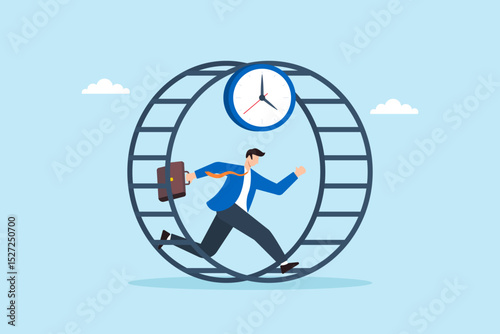 Flat illustration of overwhelmed businessman running inside hamster wheel with clock under pressure of endless work deadline