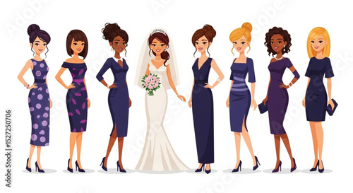  Cartoon Bride with Female Friends Wearing Elegant Dresses Isolated on White Background Vector Illustration