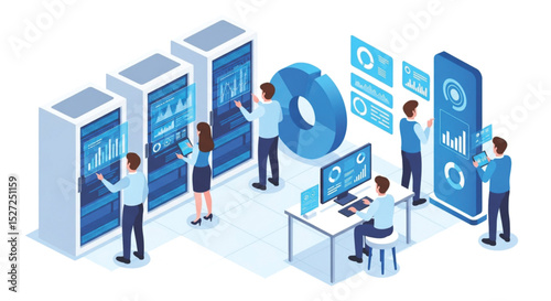 Data Center Visualization Concept High-Tech Monitoring Network Server Data Processing Specialists Analyzing Data Analytics Data Management and Database