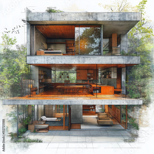 Hand-drawn sketches and detailed with paint and pens, images connected to finished images form a 3D room, blending and connecting images together seamlessly.