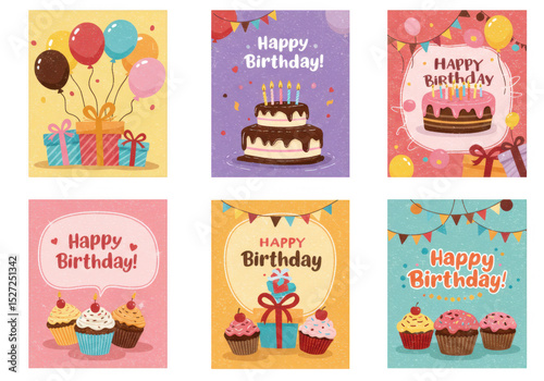 Collection of happy birthday cards isolated on transparent background