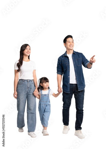 full body of a happy asian family walking and posing on a PNG background	