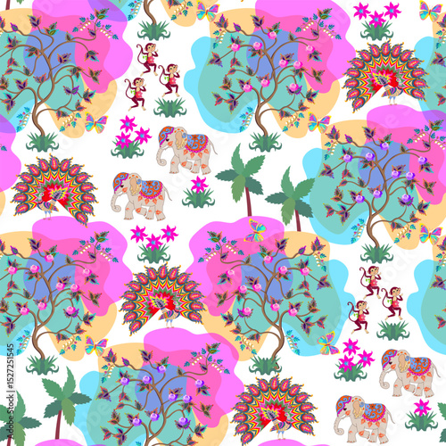 Cute cartoon elephants, funny monkeys, butterflies, peacocks among flowering trees and palms on white background. Seamless pattern in vector. Animal and natural print for fabric. Indian, Thai motifs.
