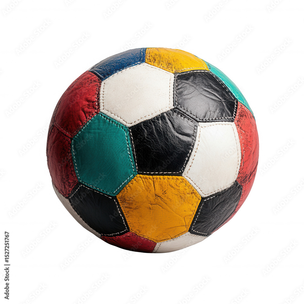Fototapeta premium Colorful soccer ball with patchwork design featuring red, blue, yellow, green, black, and white panels, showcasing vibrant and playful appearance