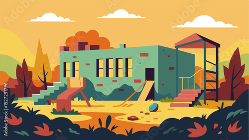 A school building stands in ruins its walls covered in graffiti and its playground overgrown with weeds a haunting indication of the impact of war on young minds.. Vector illustration