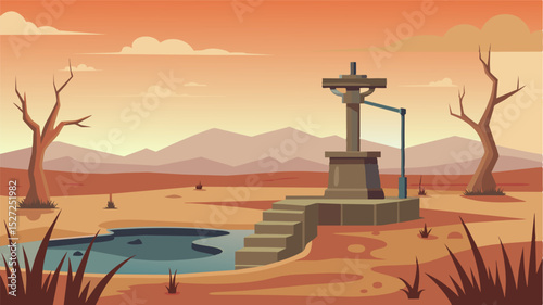 A ghostly remnant of a once thriving irrigation network now sitting abandoned and useless in the middle of a thirsty landscape.. Vector illustration