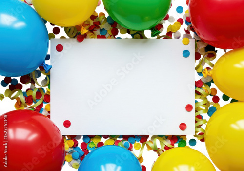 Colorful balloons and confetti frame a blank white card isolated on transparent background
