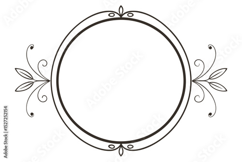  oval frame with decorative scrollwork on either side. The frame itself is outlined in a thick, dark line, with smaller flourishes at the top and bottom. Delicate leafy 
