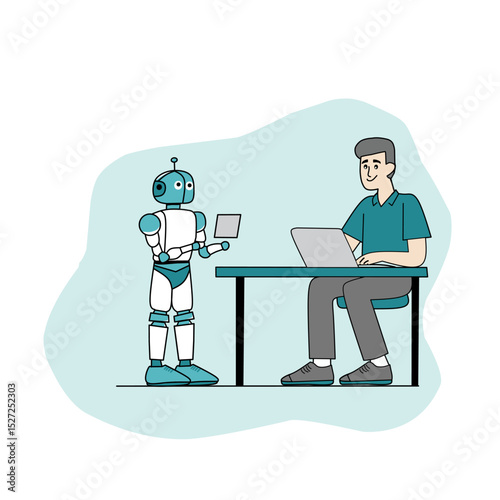 Futuristic vector illustration of a robot assisting a man working on a laptop. Perfect for AI, human-robot interaction, and modern technology themes