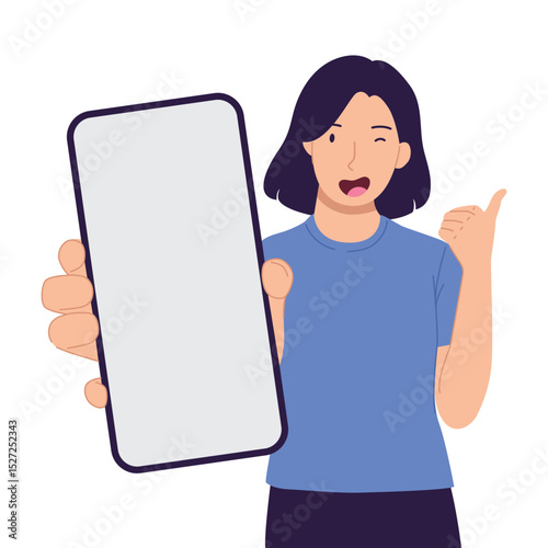 Woman Showing Blank Smartphone Screen, Thumbs Up and Winking, Mobile App Promotion, Flat Design, Female Character Holding Phone, Vector Illustration on White Background, Mockup Template