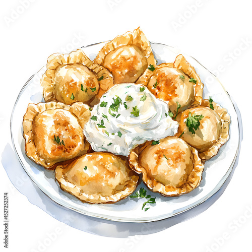A cozy watercolor painting of a plate of golden pan-fried pierogi with a generous dollop of sour cream and fresh herbs.