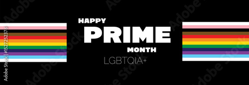 Vibrant Pride-Themed Banner Celebrating LGBTQIA+ PRIME Month with Inclusive Rainbow Flags and Bold Typography on a Black Background