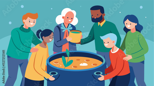 A cartoon depicting a group of people sharing a large pot of soup representing the collective effort in food rationing at the community center. Vector illustration