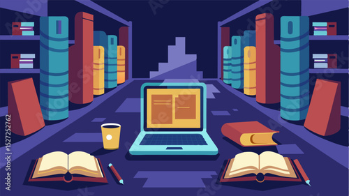 Ast the rows of dusty books and ancient scrolls in the monastery archives a modern laptop is a rare sight.. Vector illustration