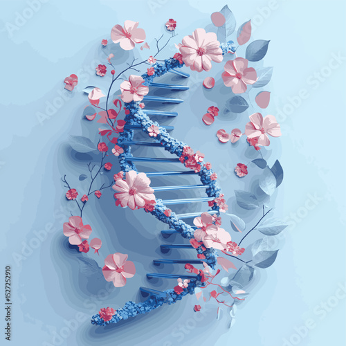 A 3D DNA molecule adorned with flowers and leaves, symbolizing the connection between genetics and nature, vector style simple color