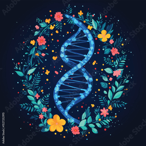 A beautifully illustrated DNA double helix surrounded by flowers and leaves, representing the harmony between nature and science, perfect for educational materials and health-relat
