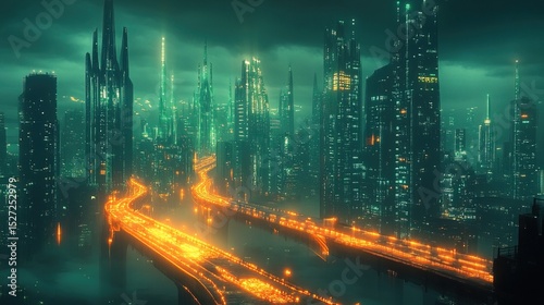 A futuristic city powered by glowing energy cables running underground 