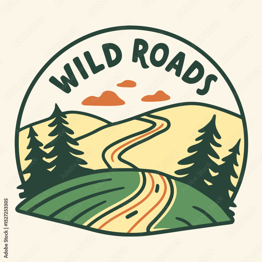 Obraz premium Wild Roads Landscape Illustration with Trees Hills and Clouds in a Circle