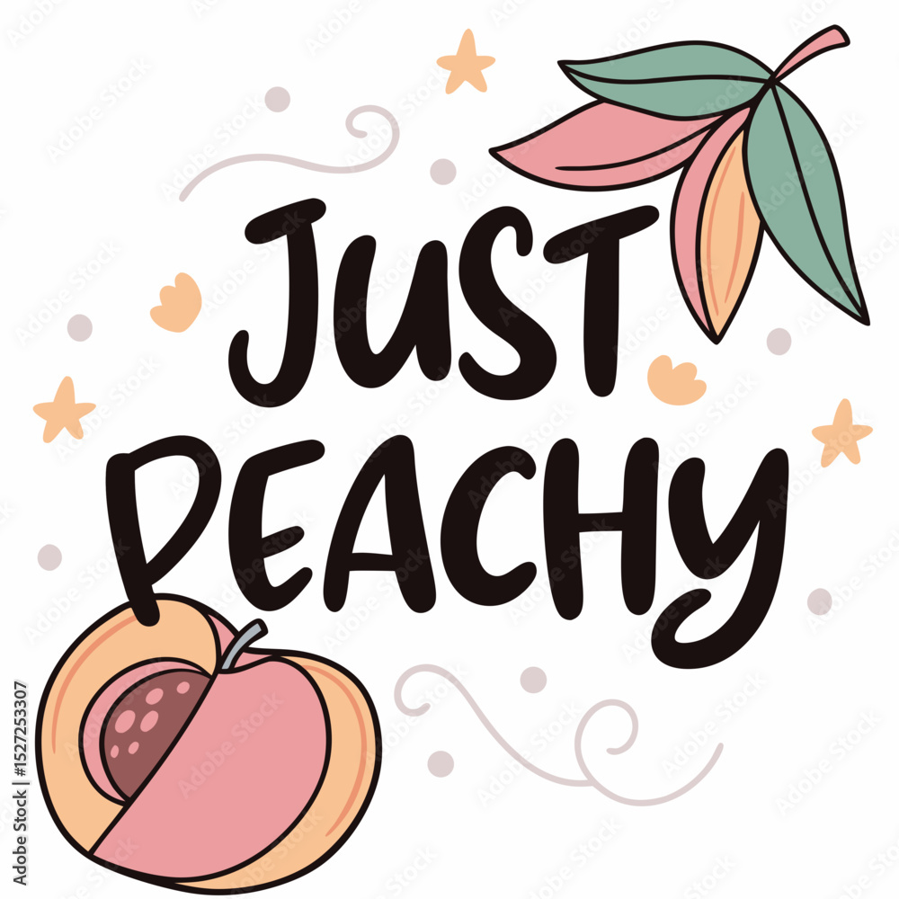 Fototapeta premium Just Peachy Cute Illustration with Peach Leaves Stars and Swirls