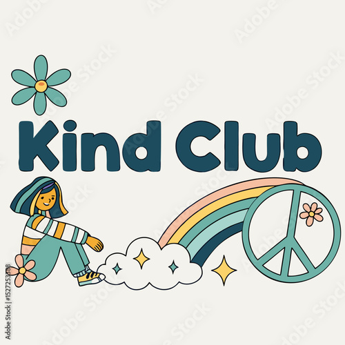 Kind Club Graphic with Girl Rainbow Peace Sign and Flowers Illustration