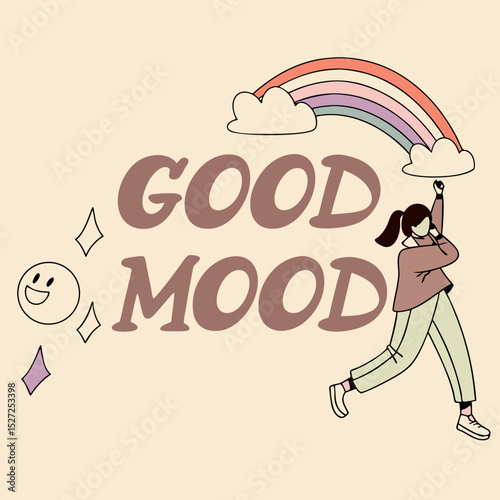 Good Mood Illustration with Rainbow Smiling Face and Woman Running Towards Positivity