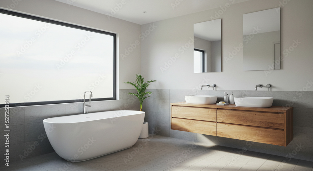 Fototapeta premium Modern bathroom interior design with a freestanding bathtub and wooden vanity