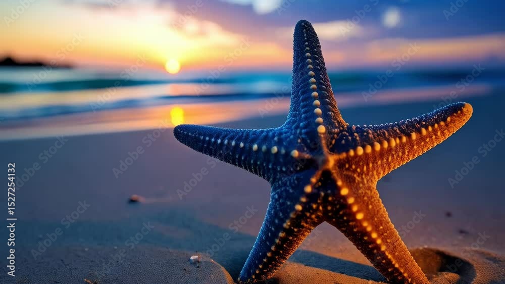Close-up of vibrant starfish on sandy beach during sunset, with ocean waves softly rolling in the background, creating a serene coastal scene
