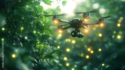A futuristic AI-powered drone planting glowing green trees