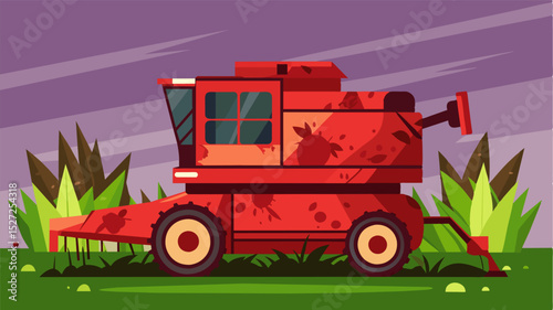 A decaying combine harvester sits rusting in the field its once vibrant red paint now faded and chipped representing the decline of modern farming technology.. Vector illustration