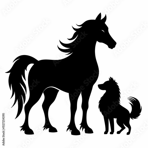 Horse and dog silhouettes black and white