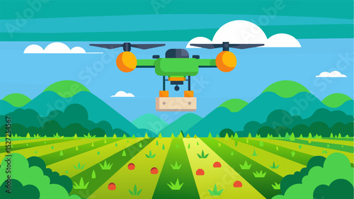 An automated delivery drone flying over lush green fields utilizing AI technology to deliver muchneeded seeds fertilizers and other resources to farmers.. Vector illustration