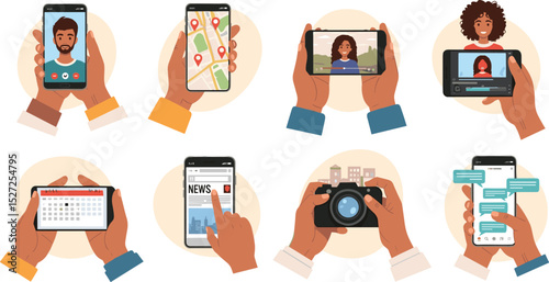 Hands gestures illustration set. Diverse people hands holding smartphones and using various apps like social media, chats and maps. Smartphone user activity concept