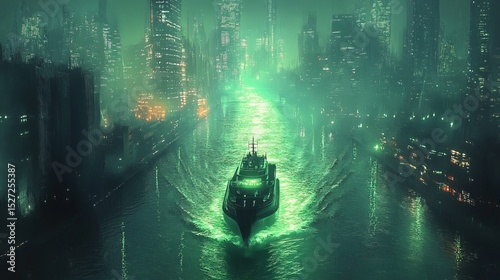 A cyberpunk boat sailing on a river that glows with green bioluminescence