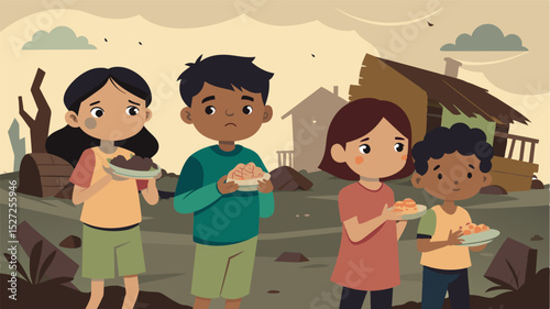 A group of hungry children scavenging for food a the ruins of an abandoned farm. Their dirty and torn clothes a reminder that the effects of war go beyond the destruction of. Vector illustration