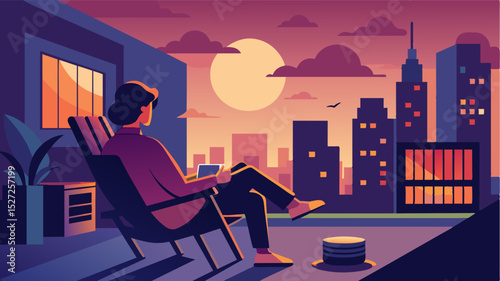 As the sun sets over the city a person takes a break from work on their balcony lounging in a rocking chair and watching the city lights come to life.. Vector illustration