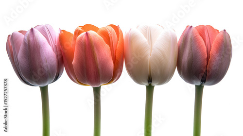 Four Colorful Tulips in a Row Against a PNG Transparent Background