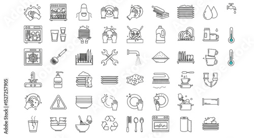 Comprehensive Dishwashing Icon Set A Diverse Collection of Line Art Symbols for Kitchen Appliances and Cleaning Essentials