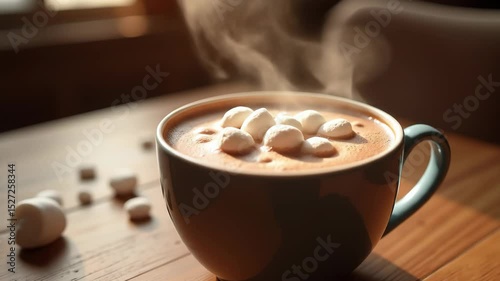 Steaming mug of hot chocolate with marshmallows on wooden table  