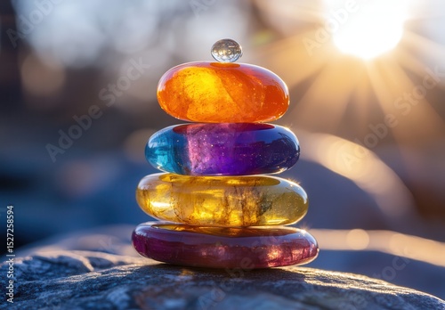 Stacked Colorful Stones at Sunset Tranquil Scene