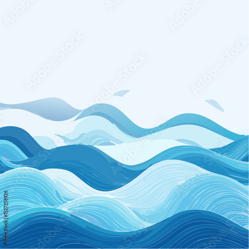 Abstract Ocean Waves Cool Aqua Tones and Foamy White Crests - Summery Rhythmic Pattern