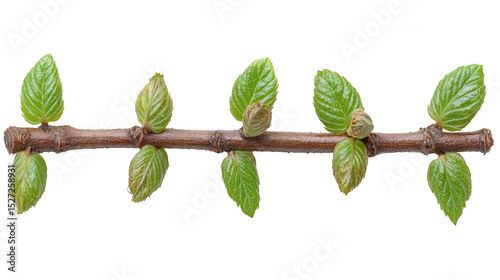 Close-up of a twig with green leaves on PNG transparent background
