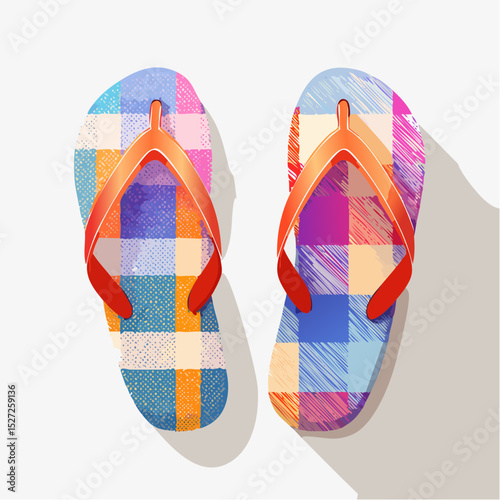 Vibrant Summer Flip-Flops Neon Plaid Pattern Beach Sandals, Colorful Summer Footwear