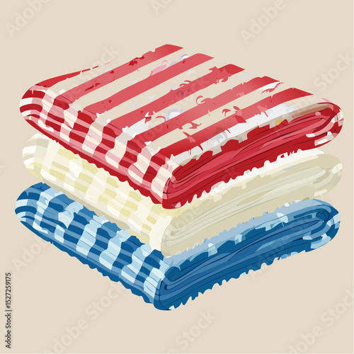 Retro Striped Beach Towels Stack of Interlocking Summer Towels in Red, White, and Blue