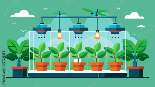 A smart greenhouse utilizing vertical farming techniques with plants suspended in trays and tended to by dronelike robots.. Vector illustration