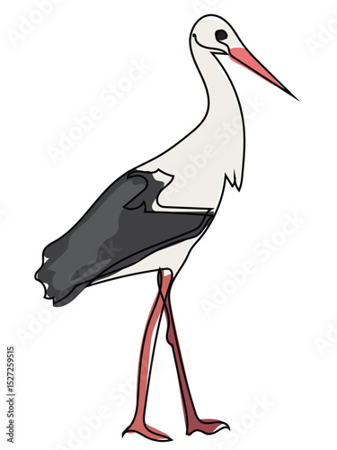 Stork in continuous line drawing on a white background.